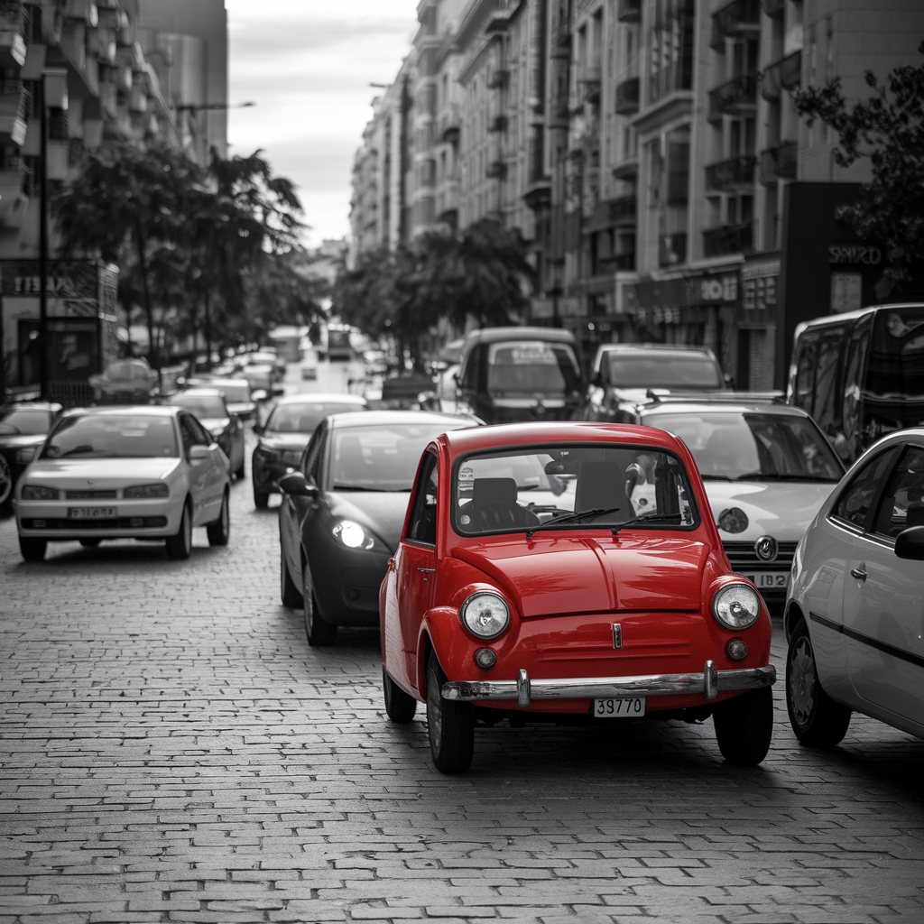 Auto clásico rojo en una calle de la ciudad