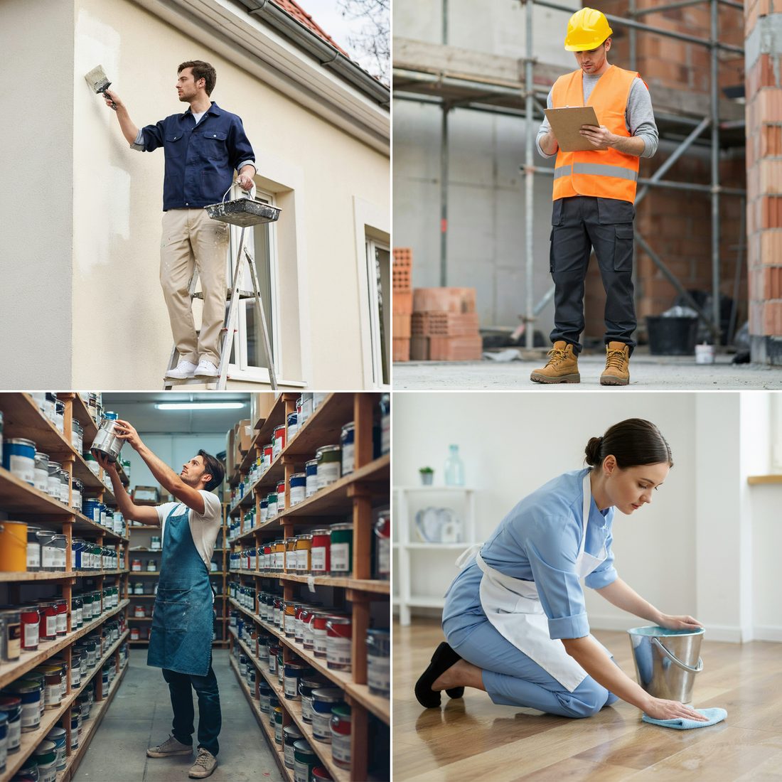 Cuatro trabajadores: un pintor en una escalera, un operario de obra con casco, un empleado de comercio y una empleada doméstica