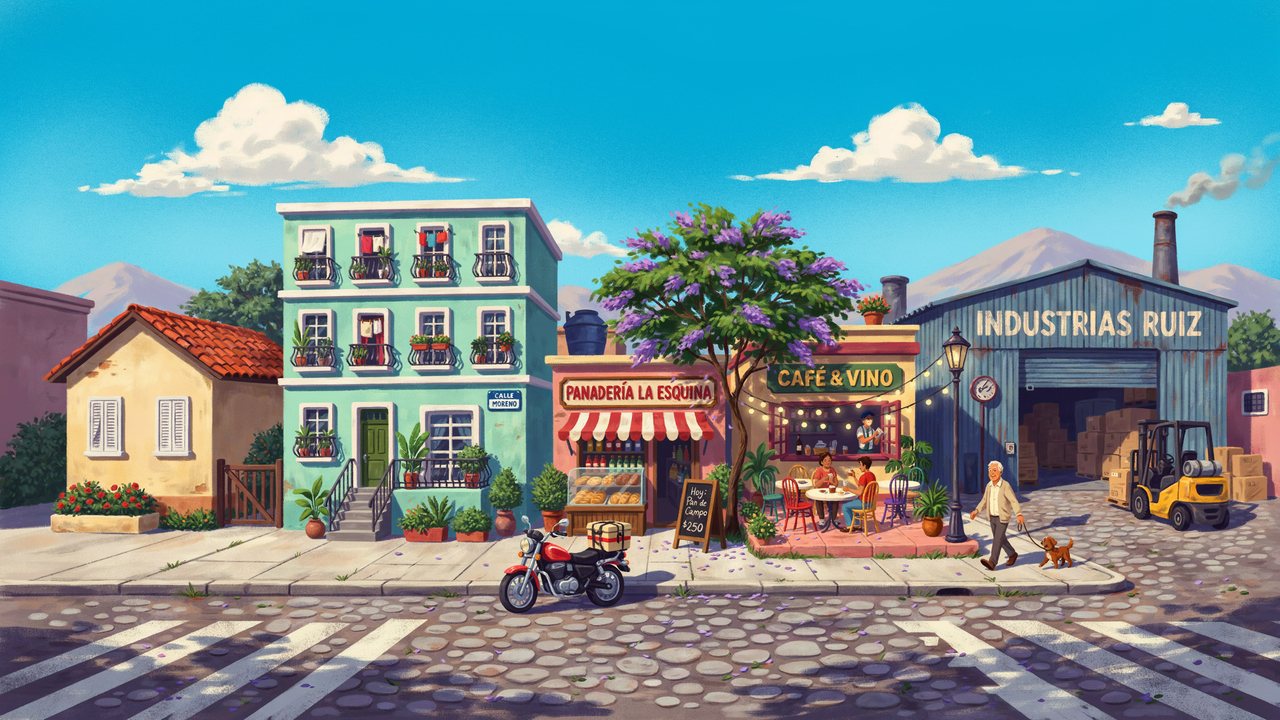 Ilustración de una calle con una casa, un edificio, una panadería, un café y una industria