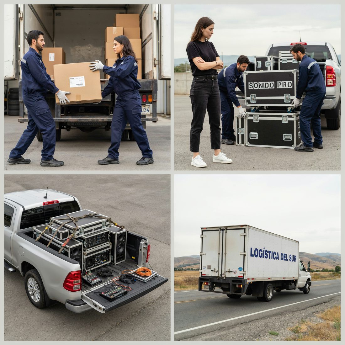 Cuatro escenas de transporte: carga de cajas en un camión, equipos de sonido en una camioneta y un camión de logística en la ruta