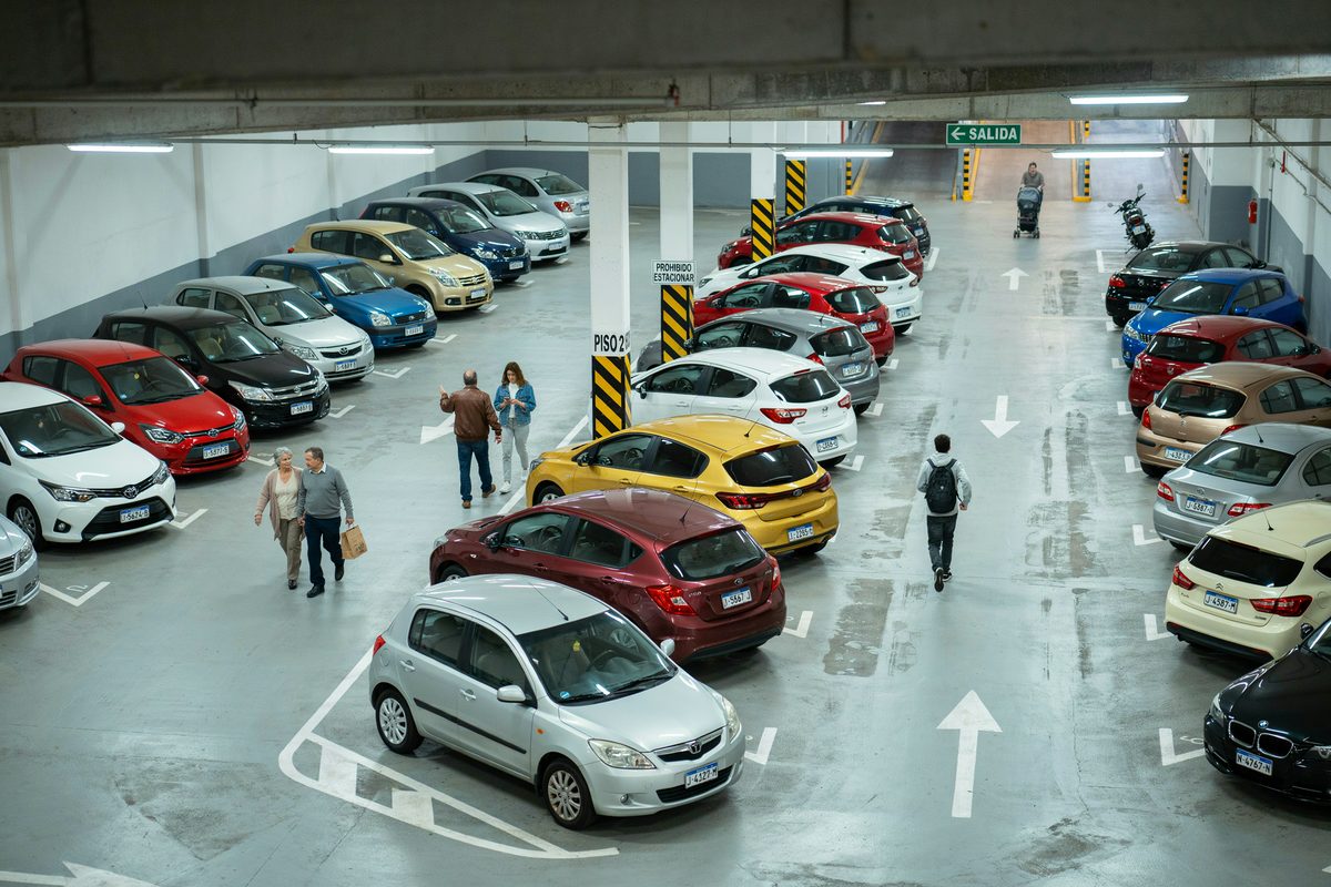 Estacionamiento con autos de distintos modelos y colores