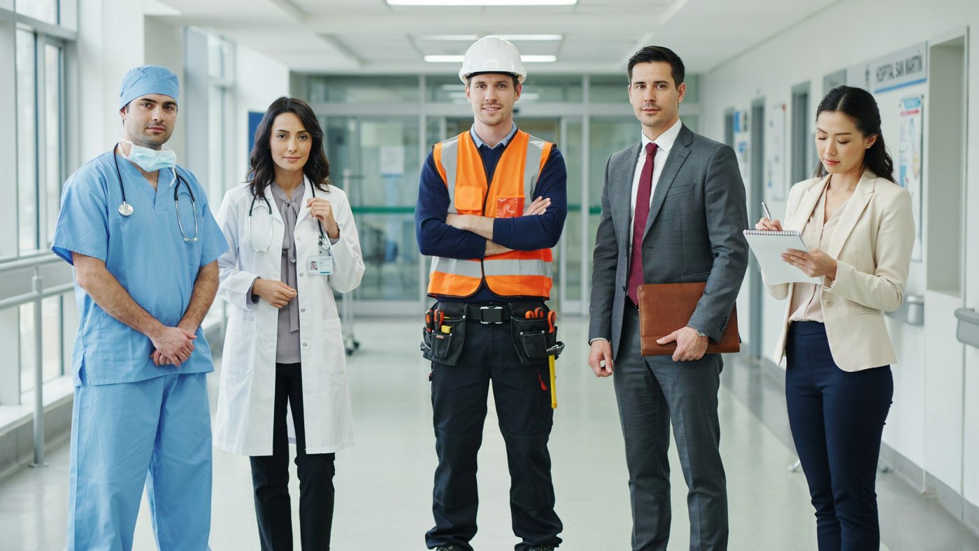 Cinco profesionales en un pasillo de hospital: un cirujano, una médica, un técnico de obra con casco, un abogado y una profesional con anotador